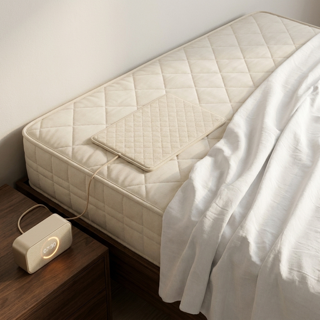 BedBouncer alarm clock on bedside table in premium bedroom